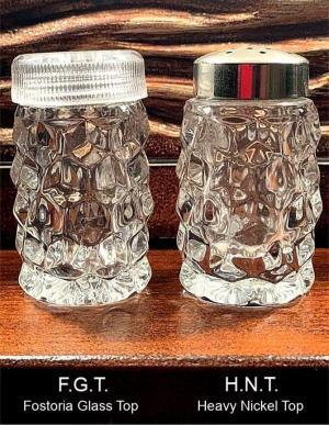 Fostoria American Salt Shakers No. 1 - F.G.T. & H.N.T.