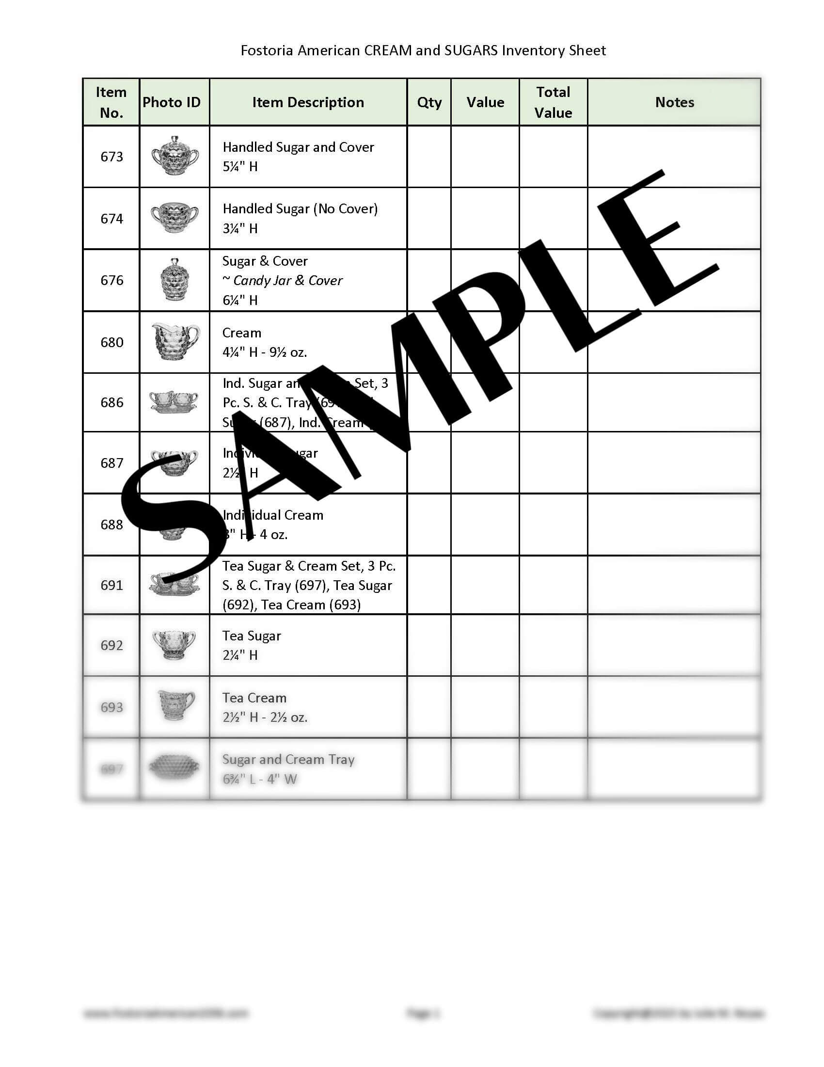 Fostoria American Cream and Sugars Inventory Sheet