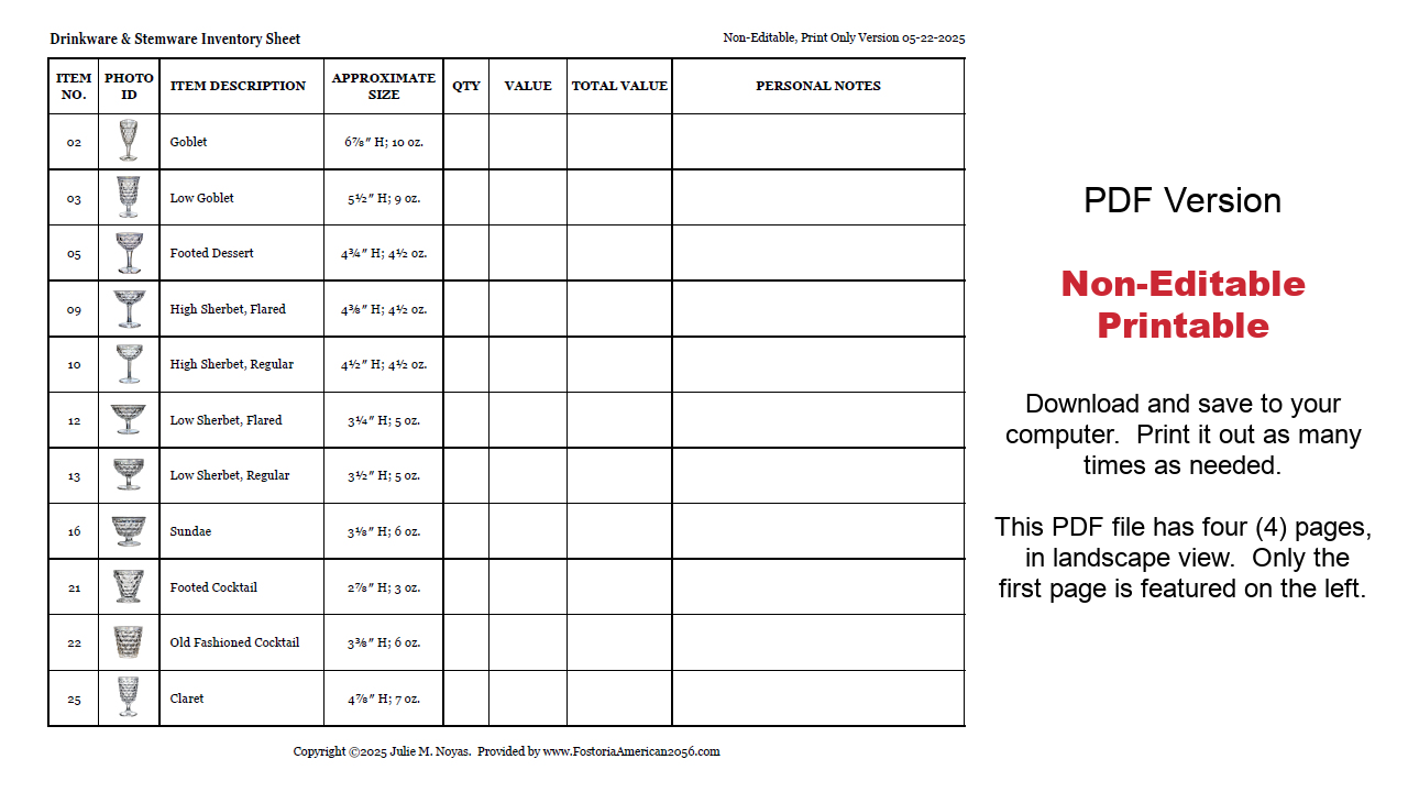 Drinkware & Stemware Inventory Sheet (PDF Version)